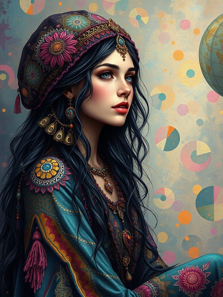 Gypsy Goddess in Vibrant Batik-Inspired Fractals
