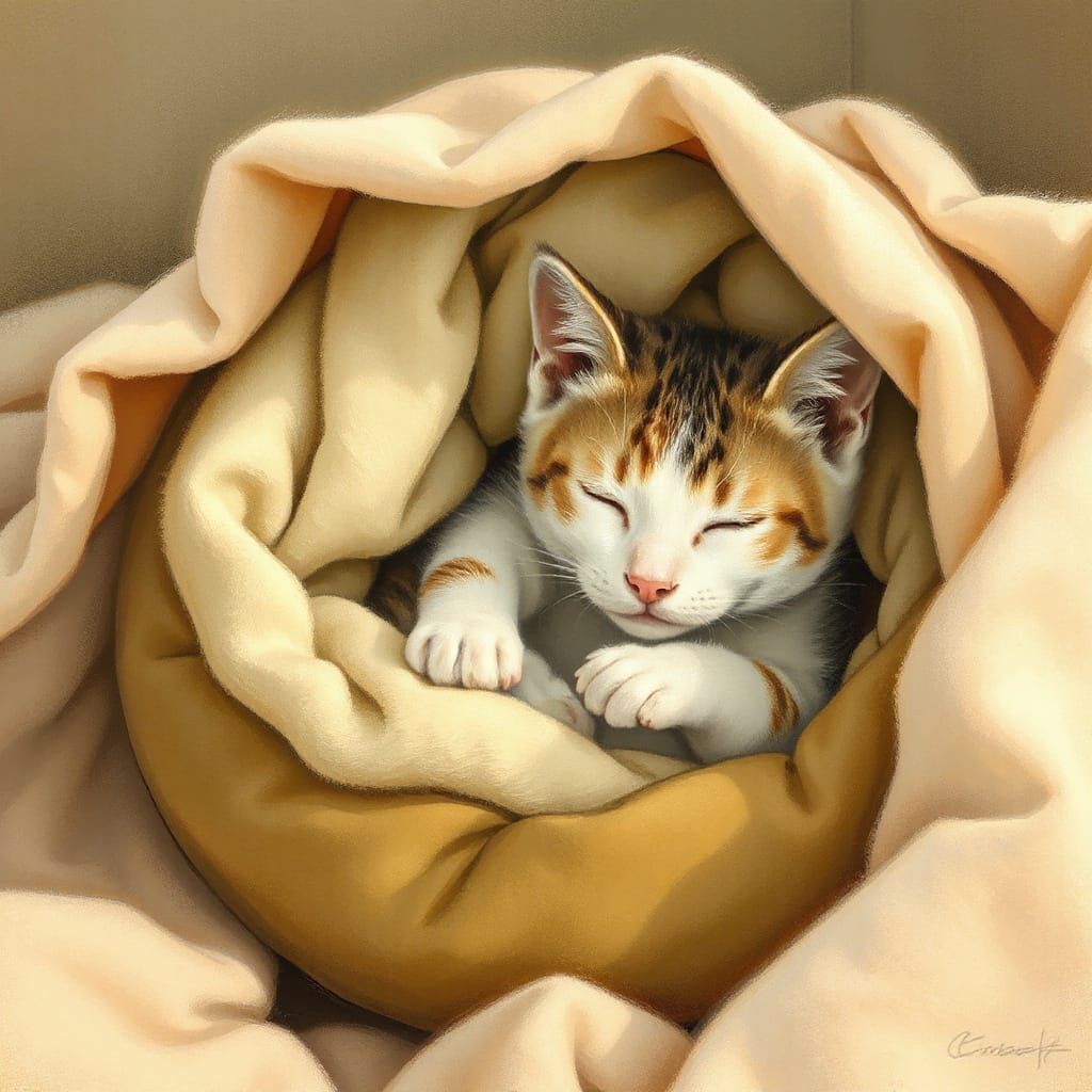 Cozy Kitten Nap in Dreamy Watercolor Style