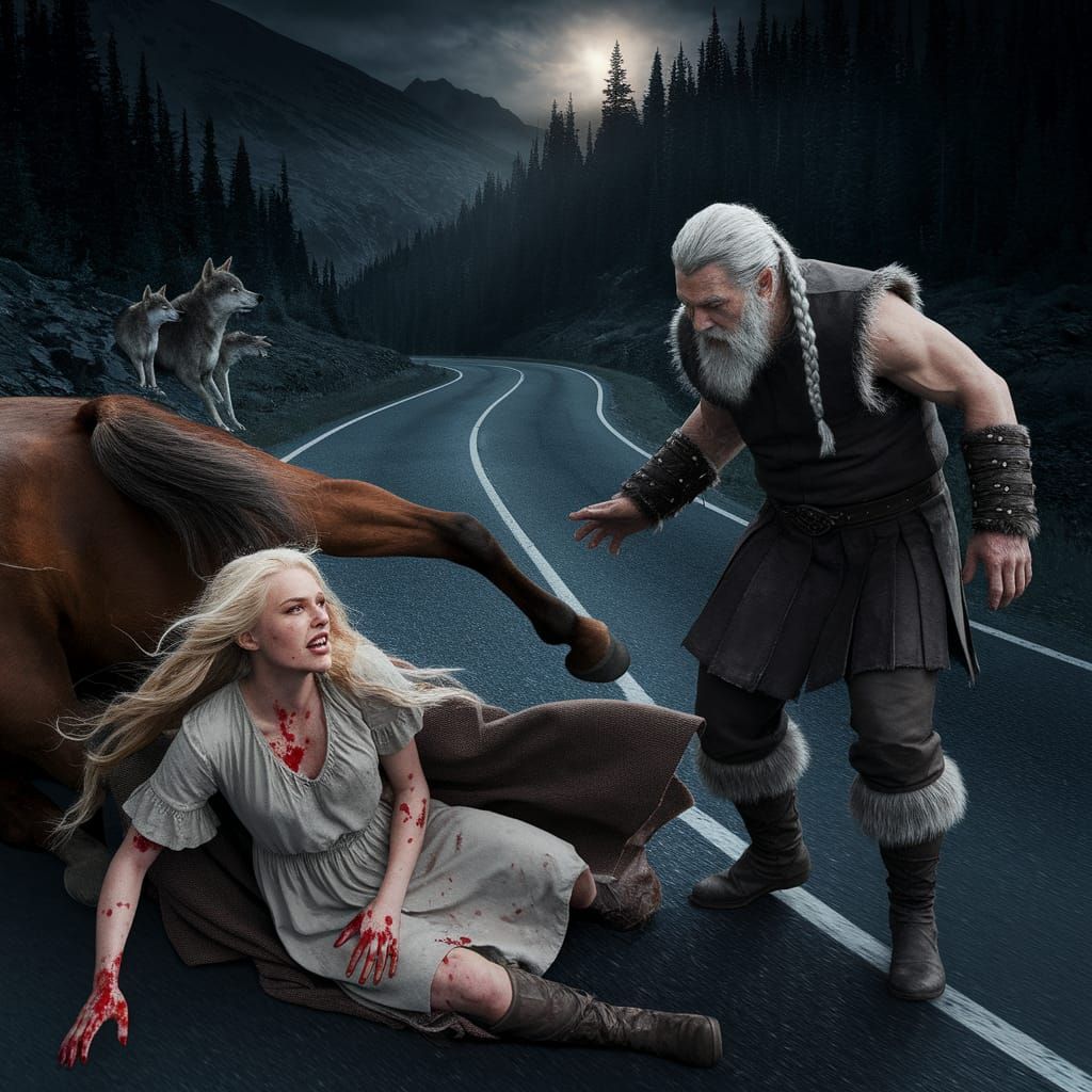 Dark Fantasy Night Scene: Woman Falls from Horse in Moonlit ...