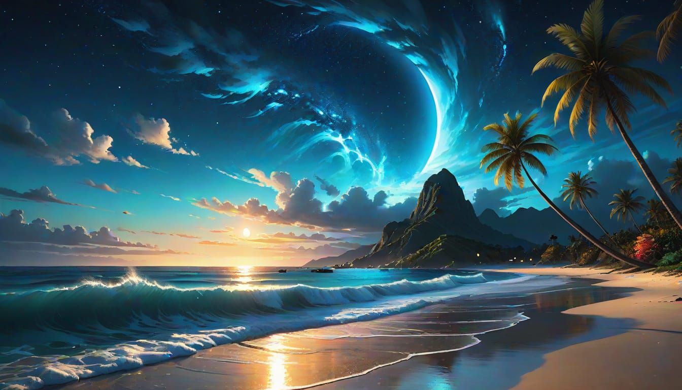 Moonlit Bioluminescent Beach in Hyperrealistic Digital Art