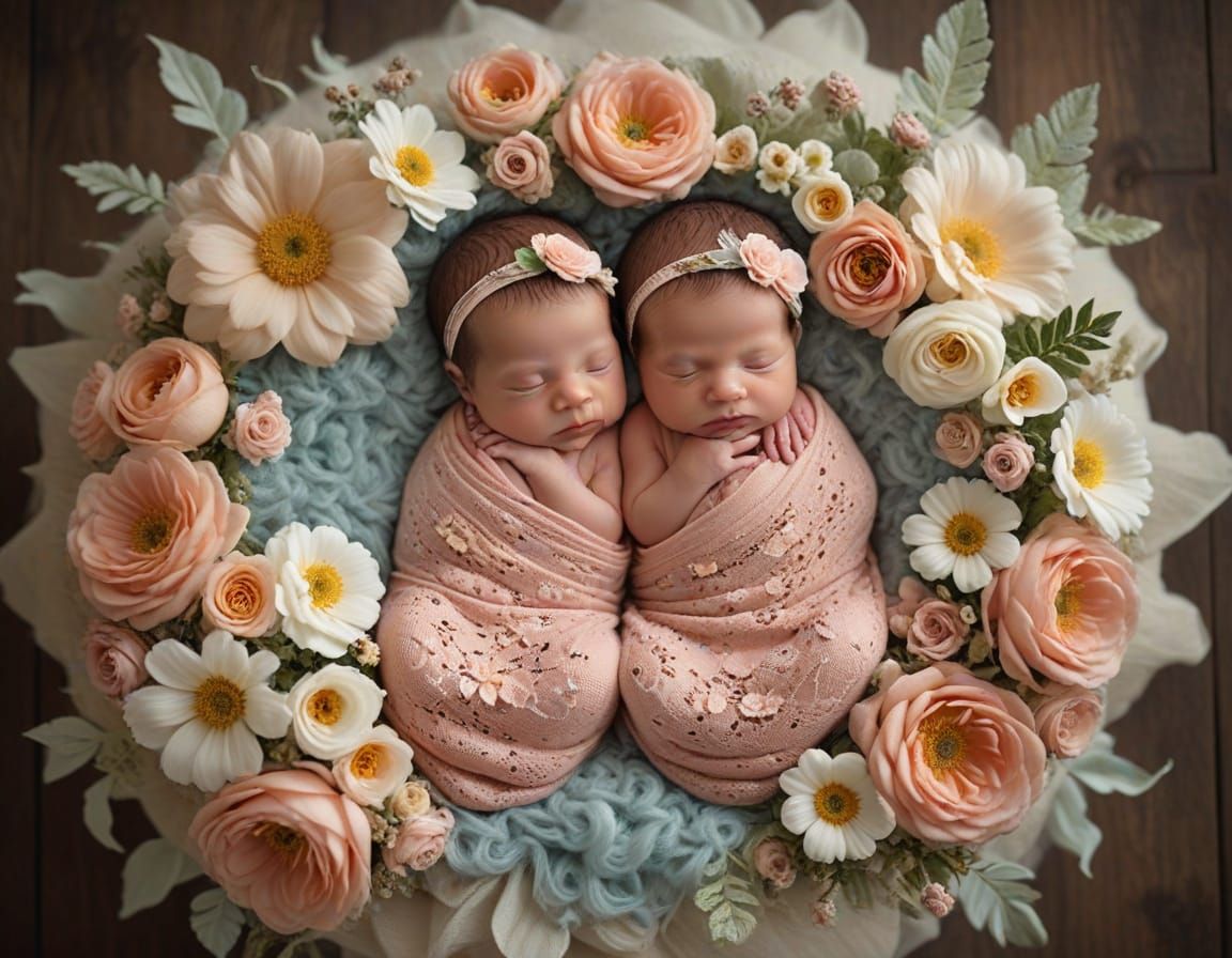 Newborn Babies Nestled in Oversized Delicate Flowers