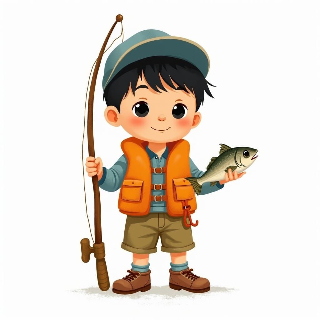 Whimsical Boy Fisherman in Bright Orange Life Jacket