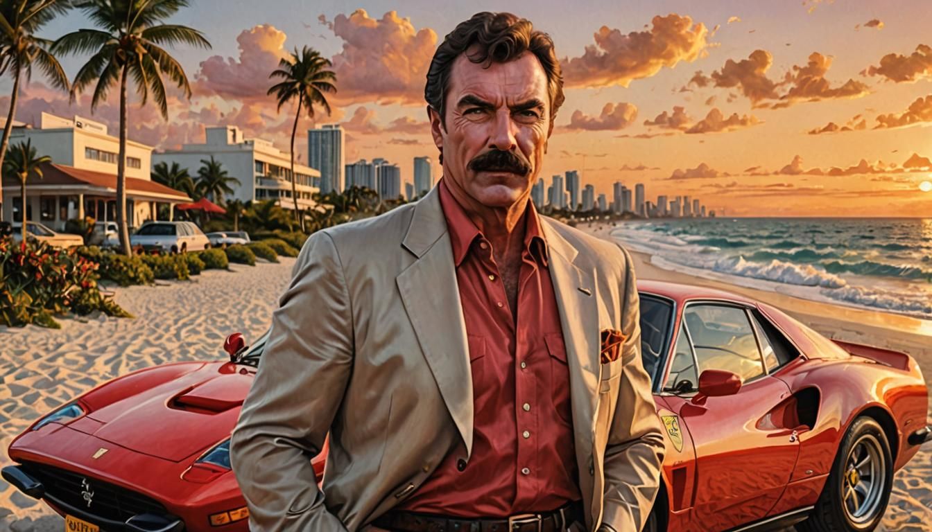 Tom selleck magnum pi. Sunset Miami . Beach front. Ferrari. ...