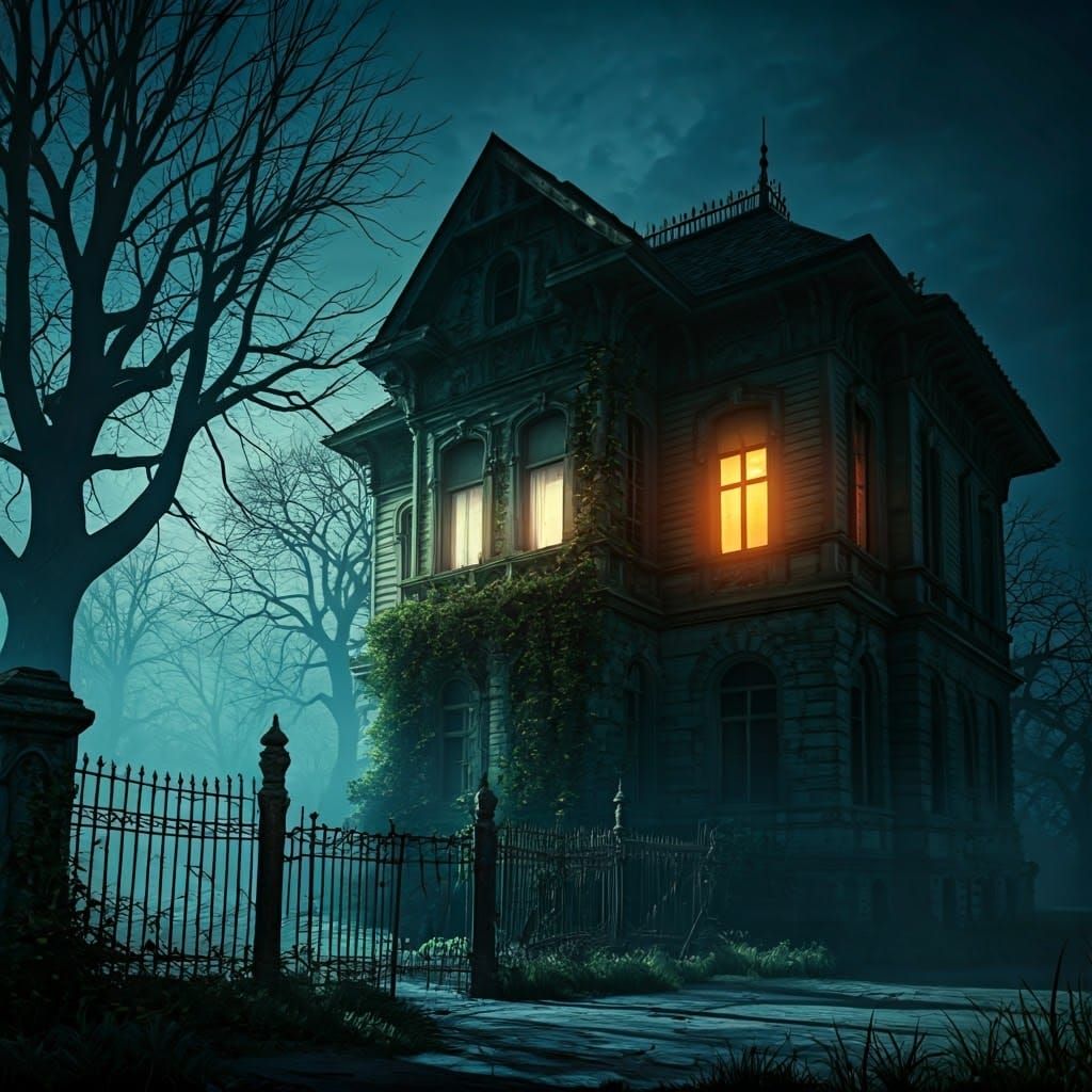 Eerie Victorian House at Night in Digital Painting Style