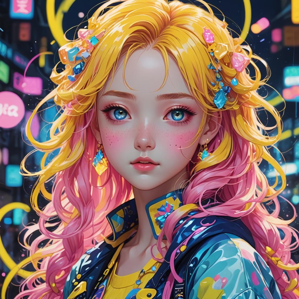 Kawaii Girl with Neon Glow: Anime Illustration