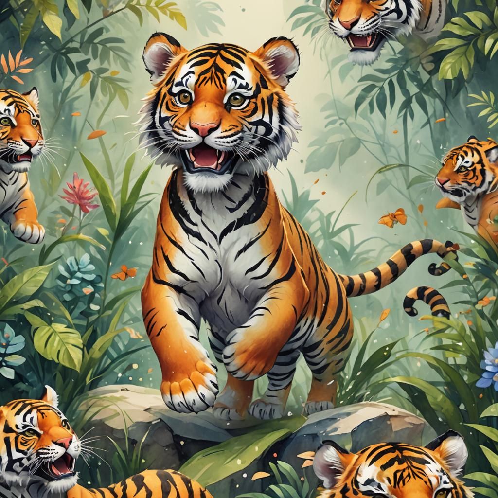 Cute Joyful Tiger Cartoon for Nursery Art