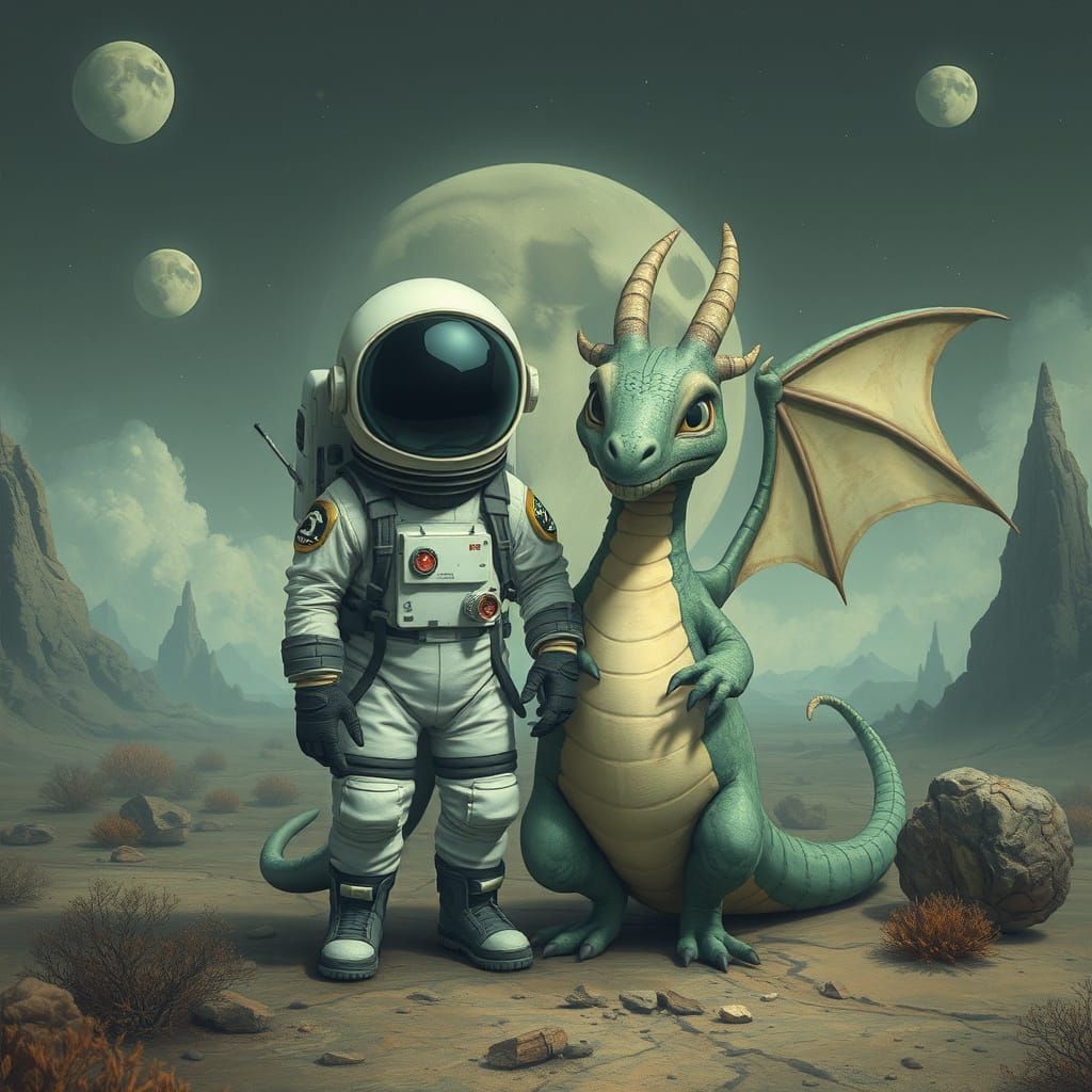 Astronaut and Dragon in Surreal Dreamscape