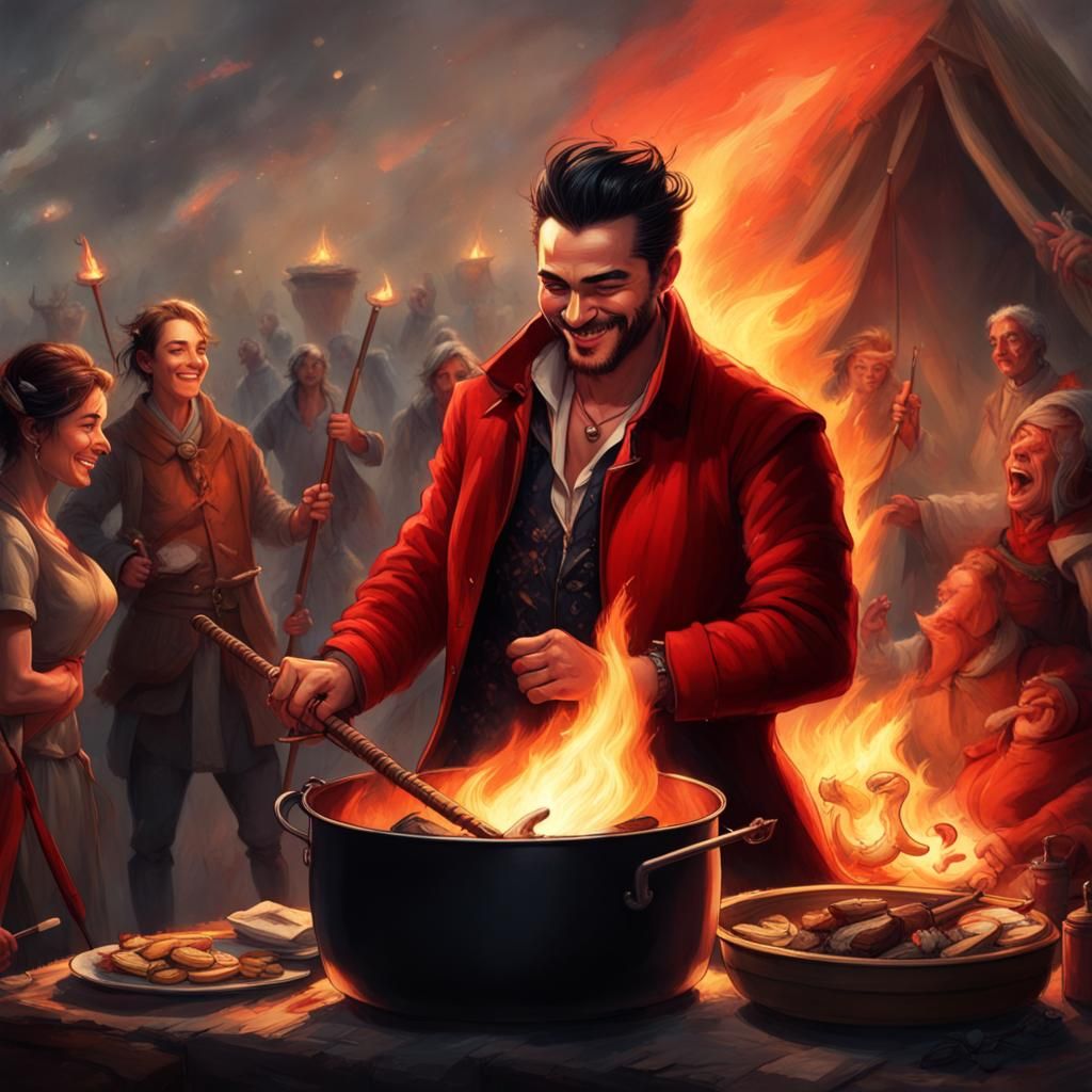 Charismatic Man with Cane Sword near Campfire