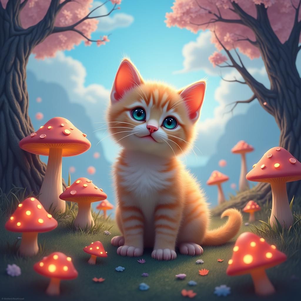 Fantasy Kitten in Whimsical Glowing Forest