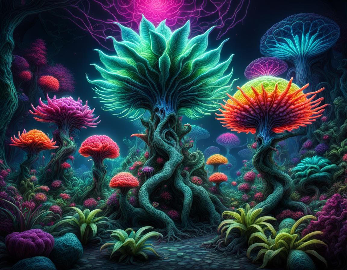 Neon Fantasy Creature in Trippy Forest
