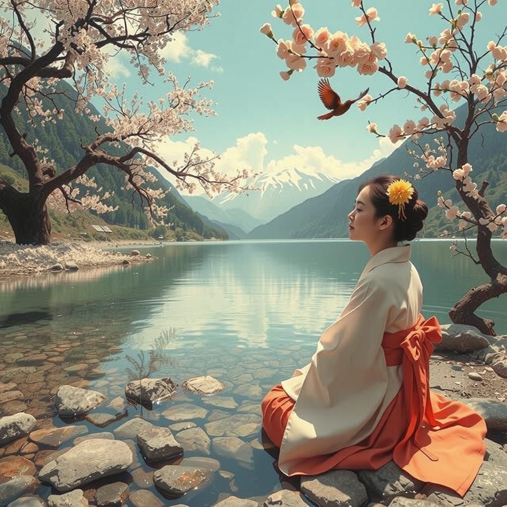 Miko Beside Mountain Spring in Retro-Japonisme Style
