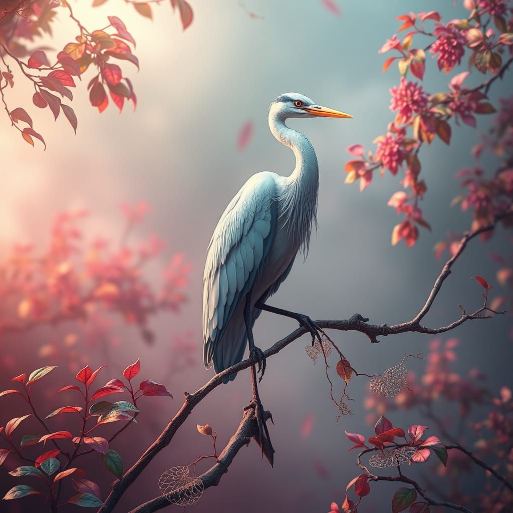Ethereal Heron in Dreamlike Landscape