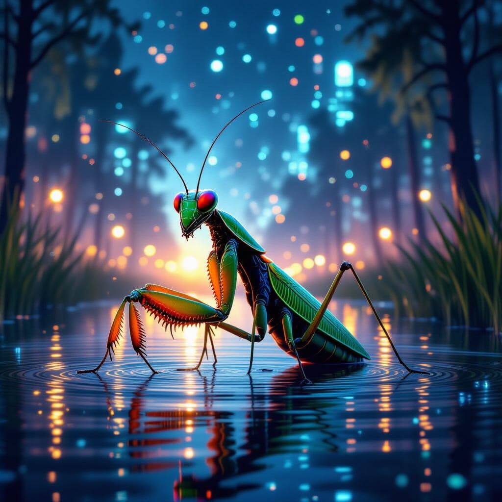 Cyberpunk Praying Mantis Emerges from Swamp