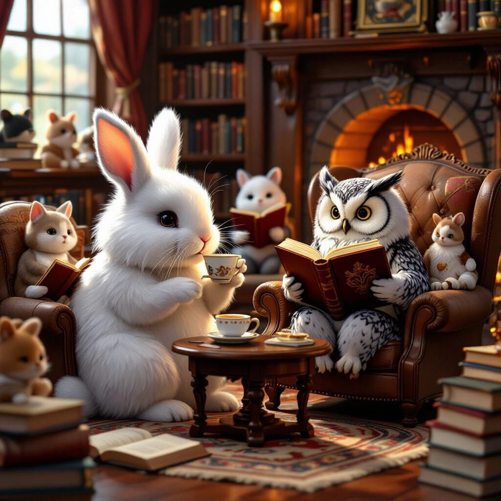 Heartwarming Library Scene with Rabbit and Animals