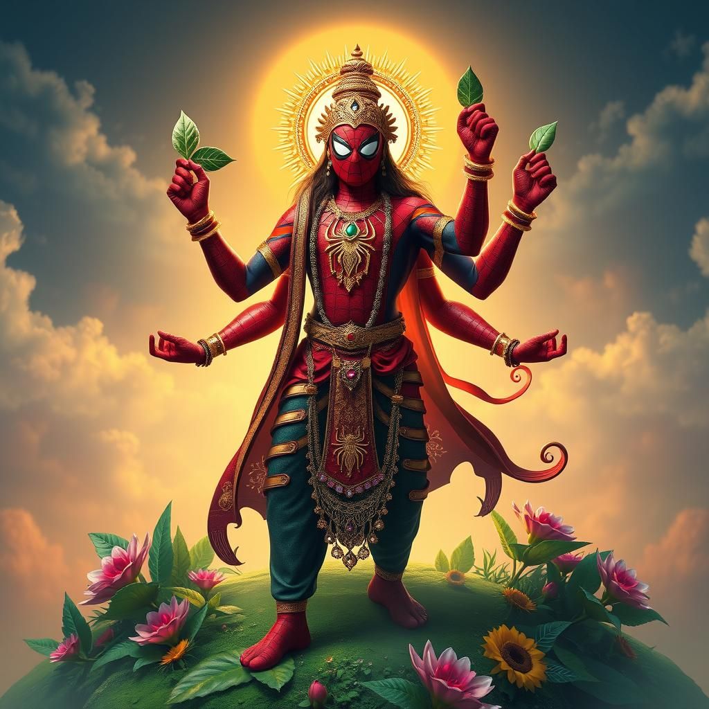 Spiderman as Hindu God on Earth in Fantasy Art Style