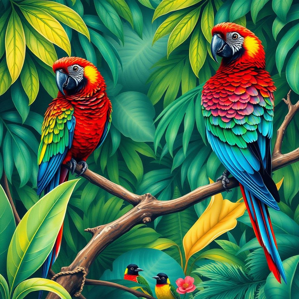 Parrots in a Lush Tropical Jungle