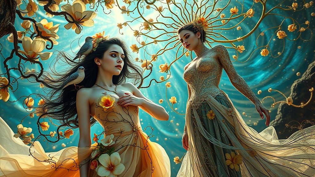 Ethereal Women Dancing in Surreal Expressionist Scene