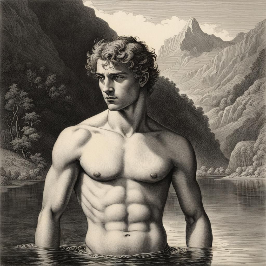 Neoclassical Etching of a Young Man in Lake