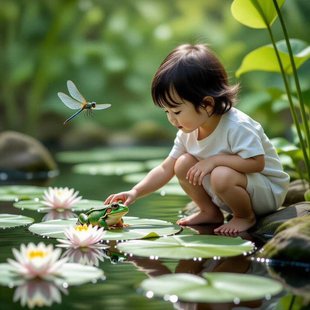Child Reaches for Cute Frog in Japanese Garden Pond