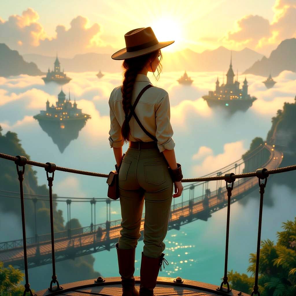 Woman on Suspension Bridge to Floating Islands