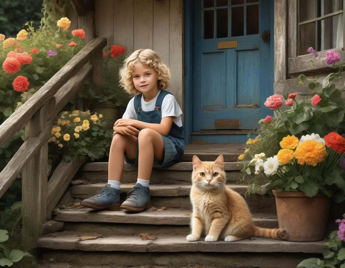 Charming Cottage Scene with Child and Cat
