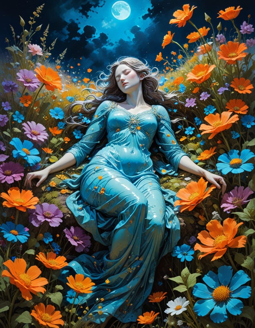 Ancient Goddess Sleeps in Bioluminescent Flower Field