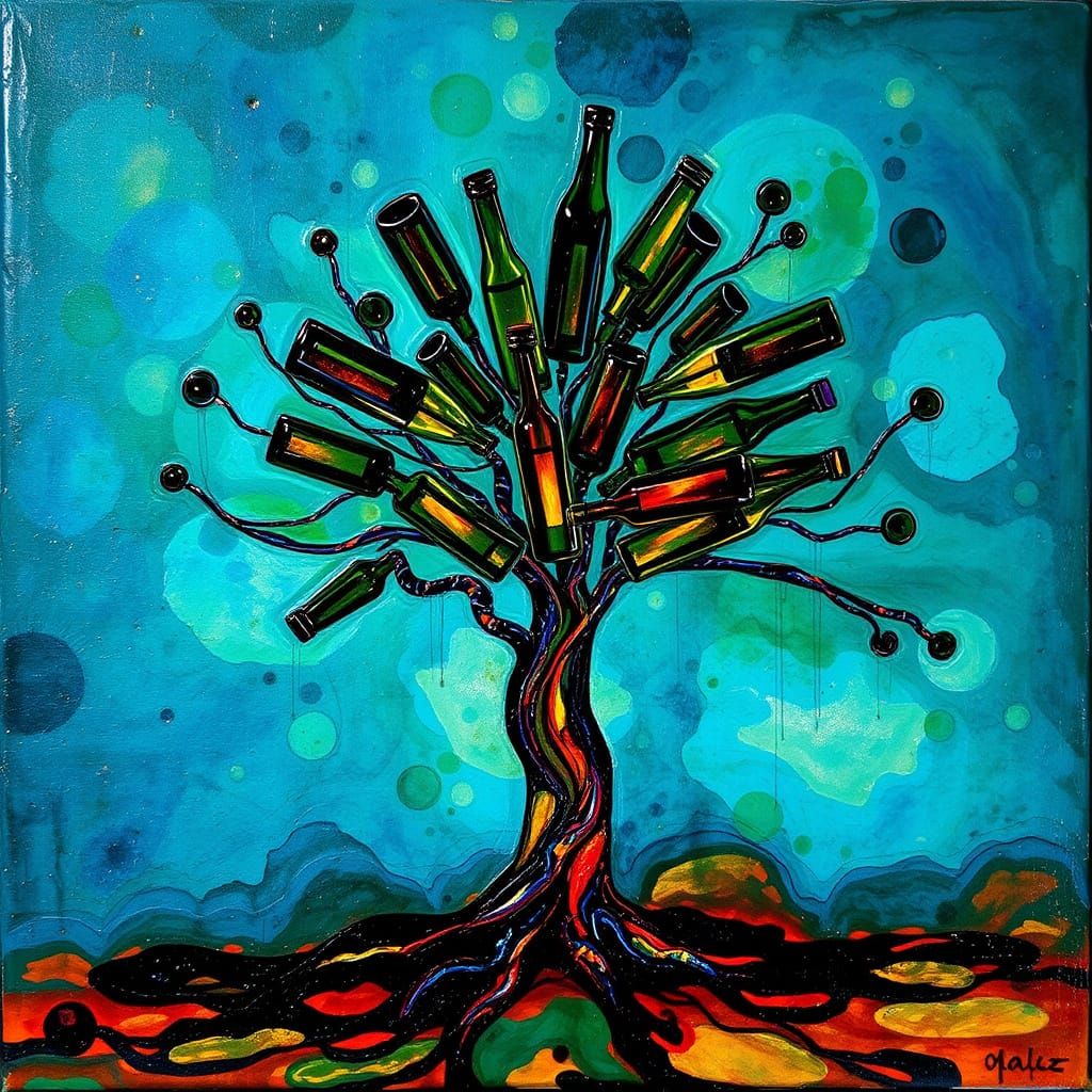 Encaustic Bottle Tree Artwork with Alcohol Ink