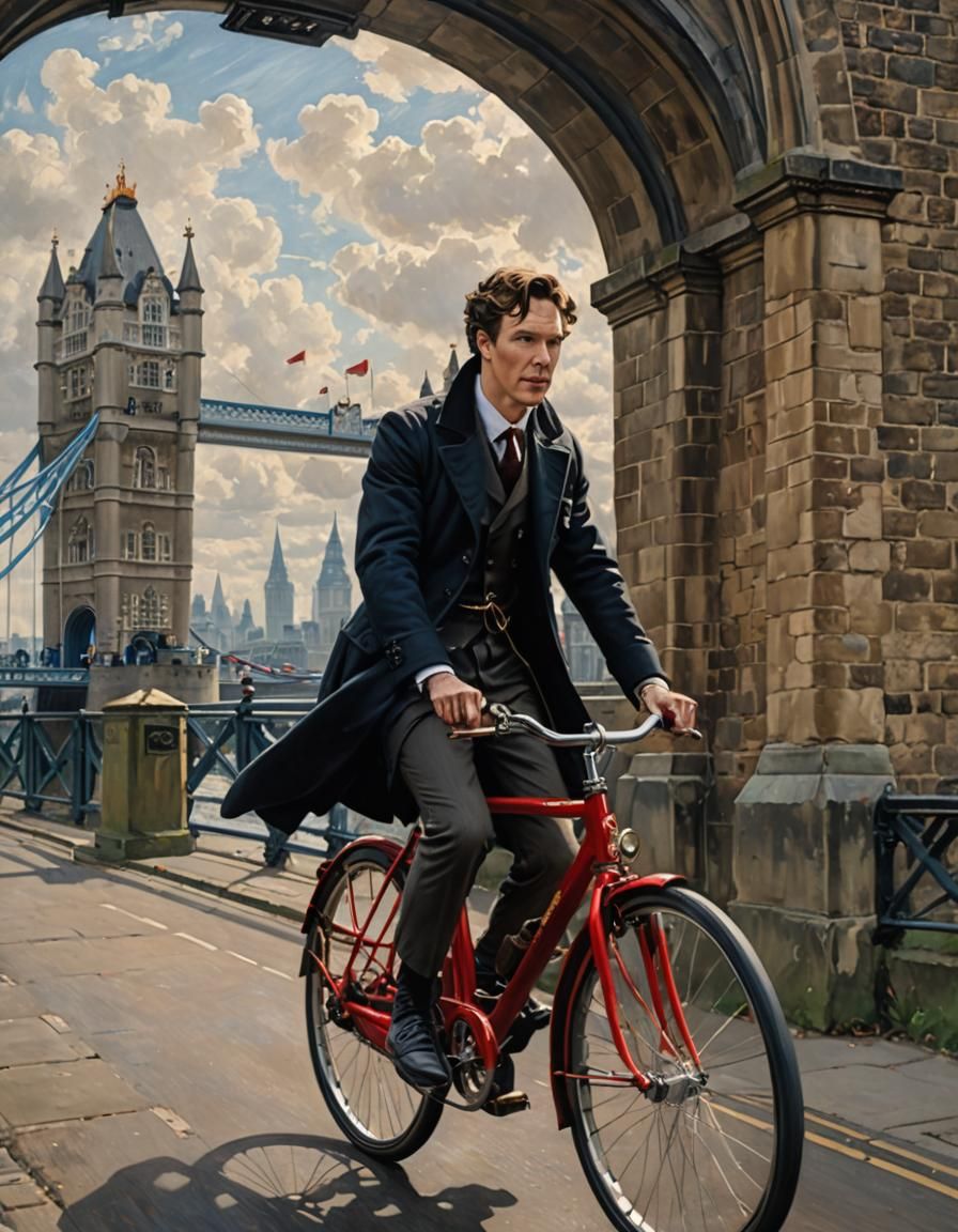 Benedict Cumberbatch as a Sherlock Holmes riding a red bicycle in the Tower Bridge