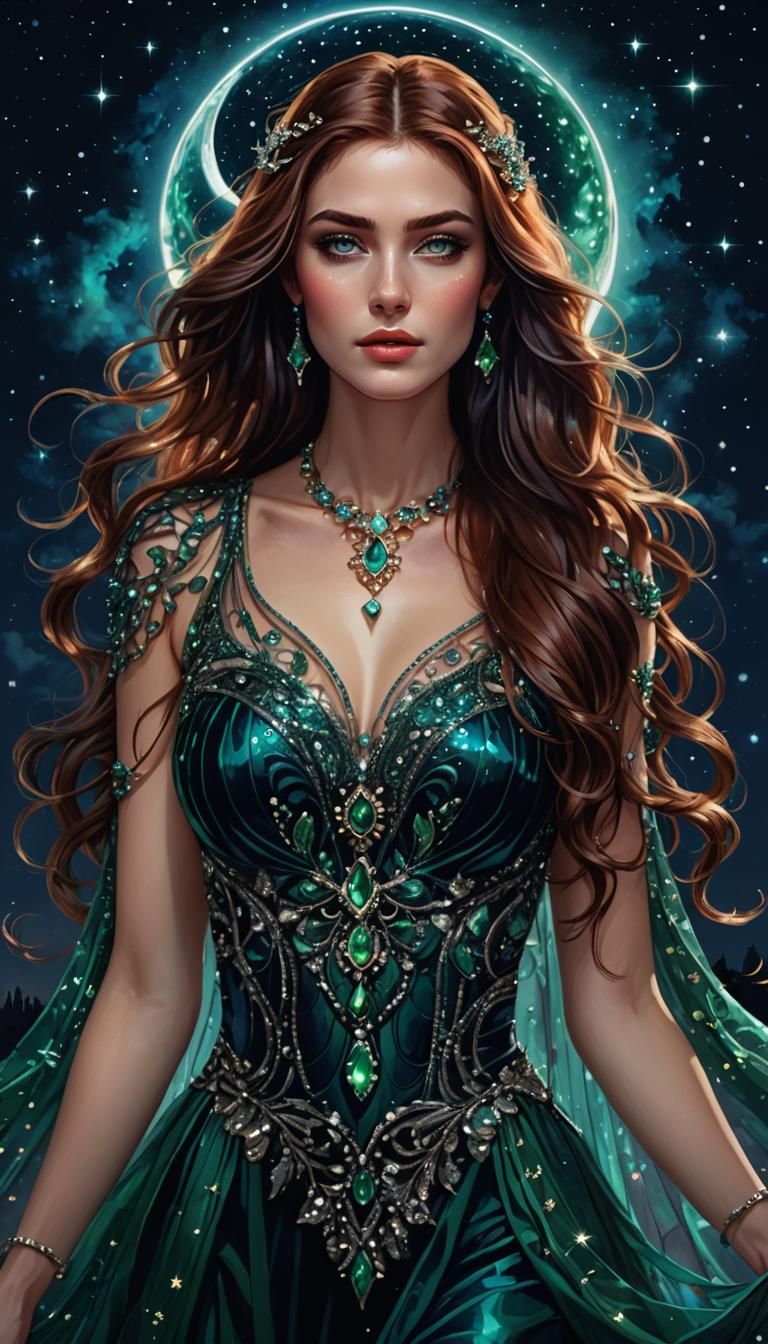 Woman in Glass Dress with Night Sky Background