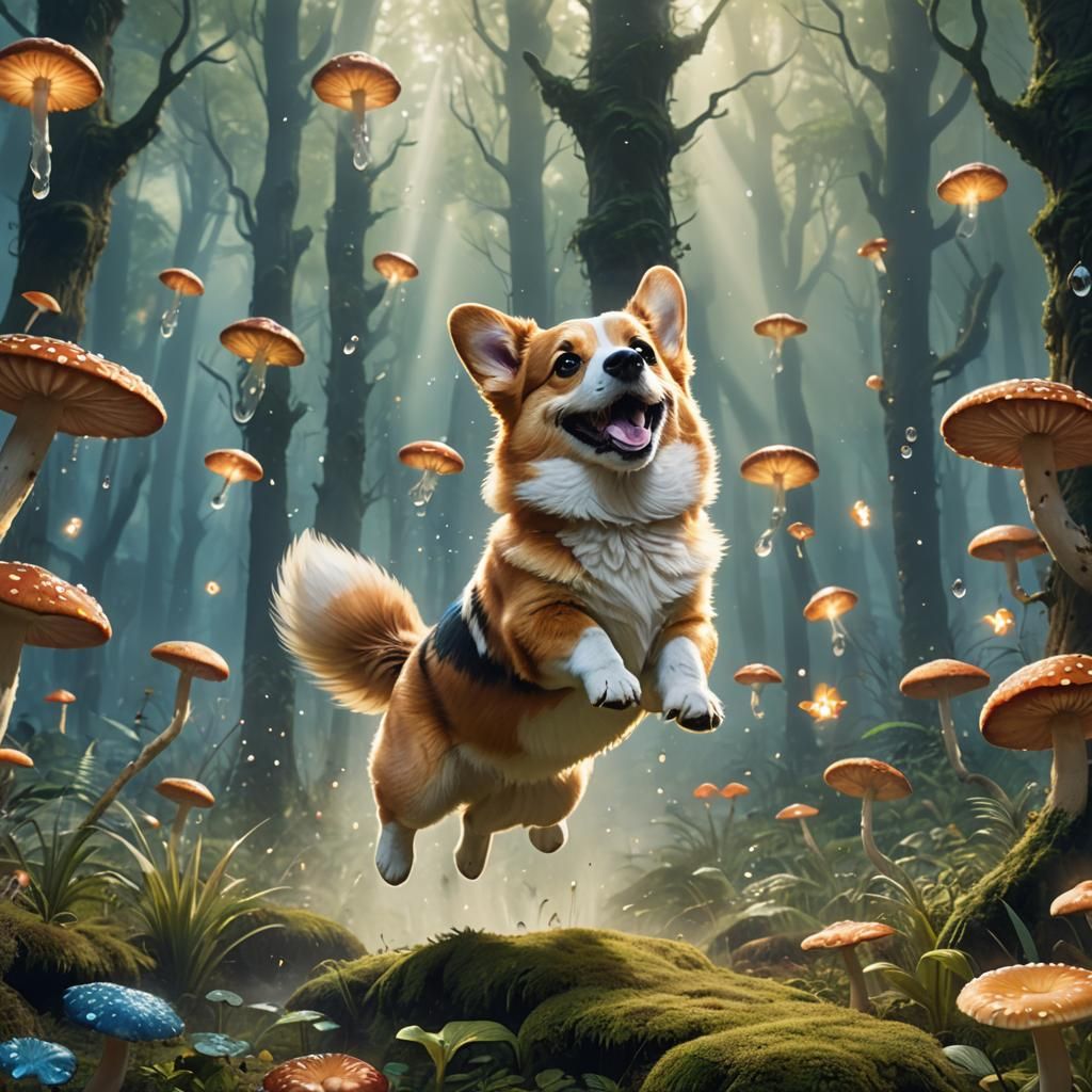 Corgi's Whimsical Jump in a Magical Forest