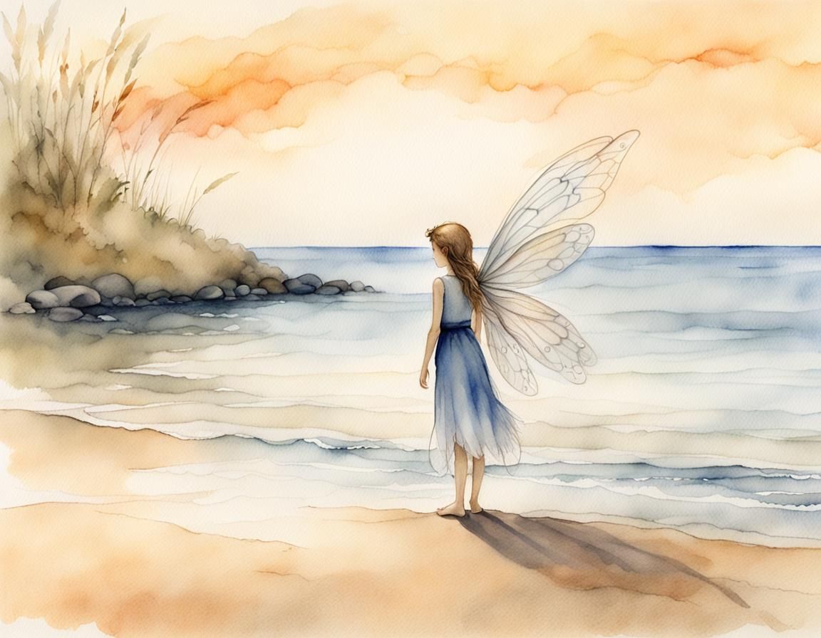 Serene Beach Scene with Fairy in Watercolor Style
