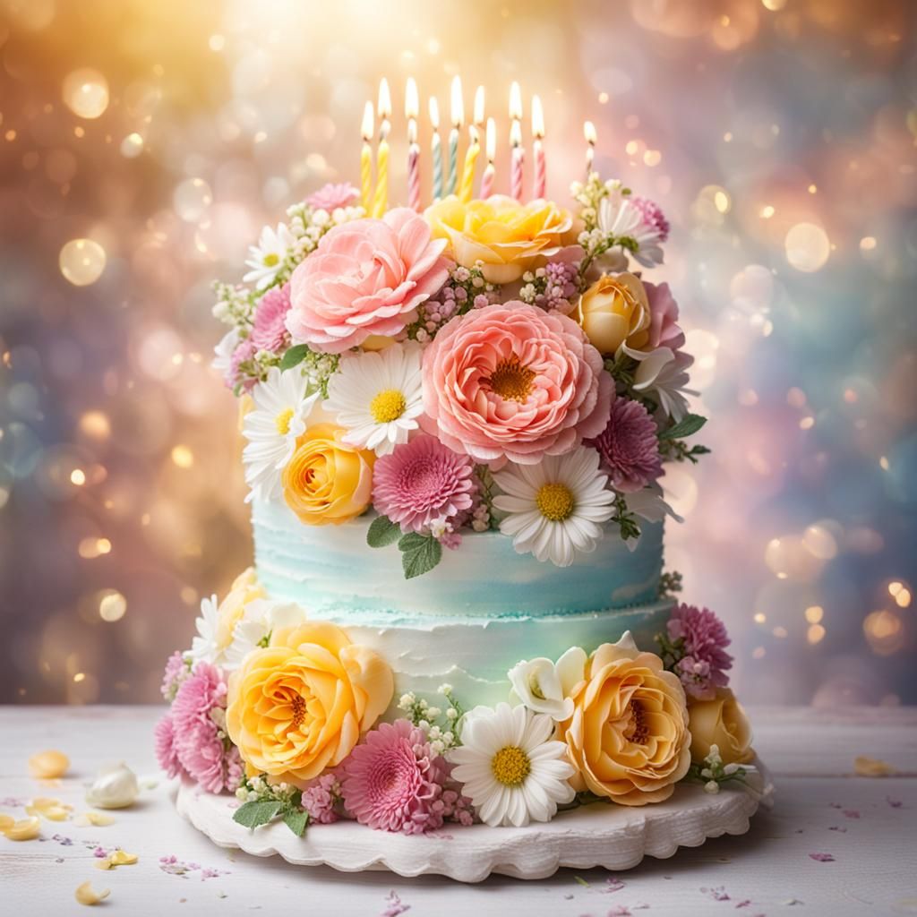 Elegant Multi-Tiered Birthday Cake with Floral Decorations