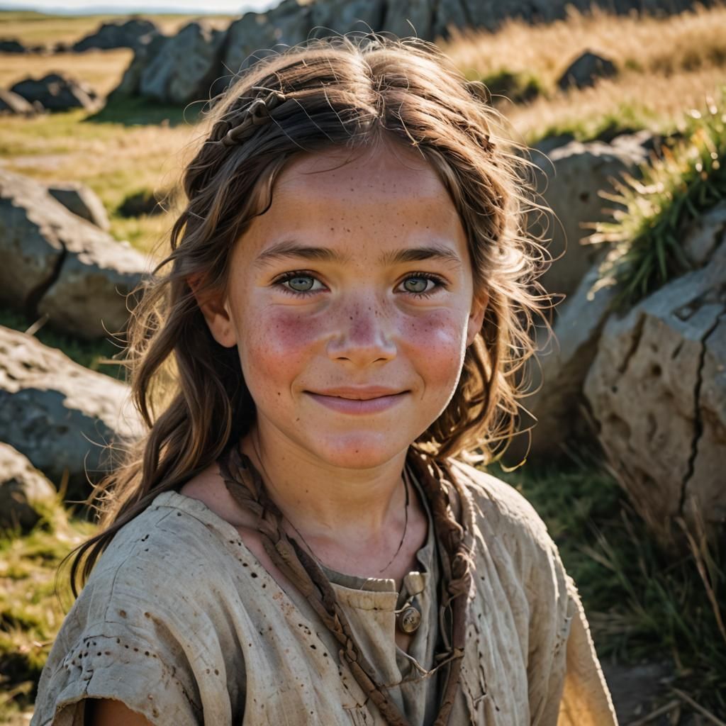 Neolithic Girl Smiling in Bright Sunlight