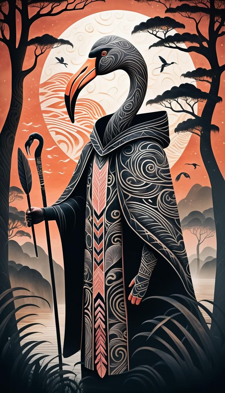 Flamingo Māori Warrior in Misty Kauri Forest