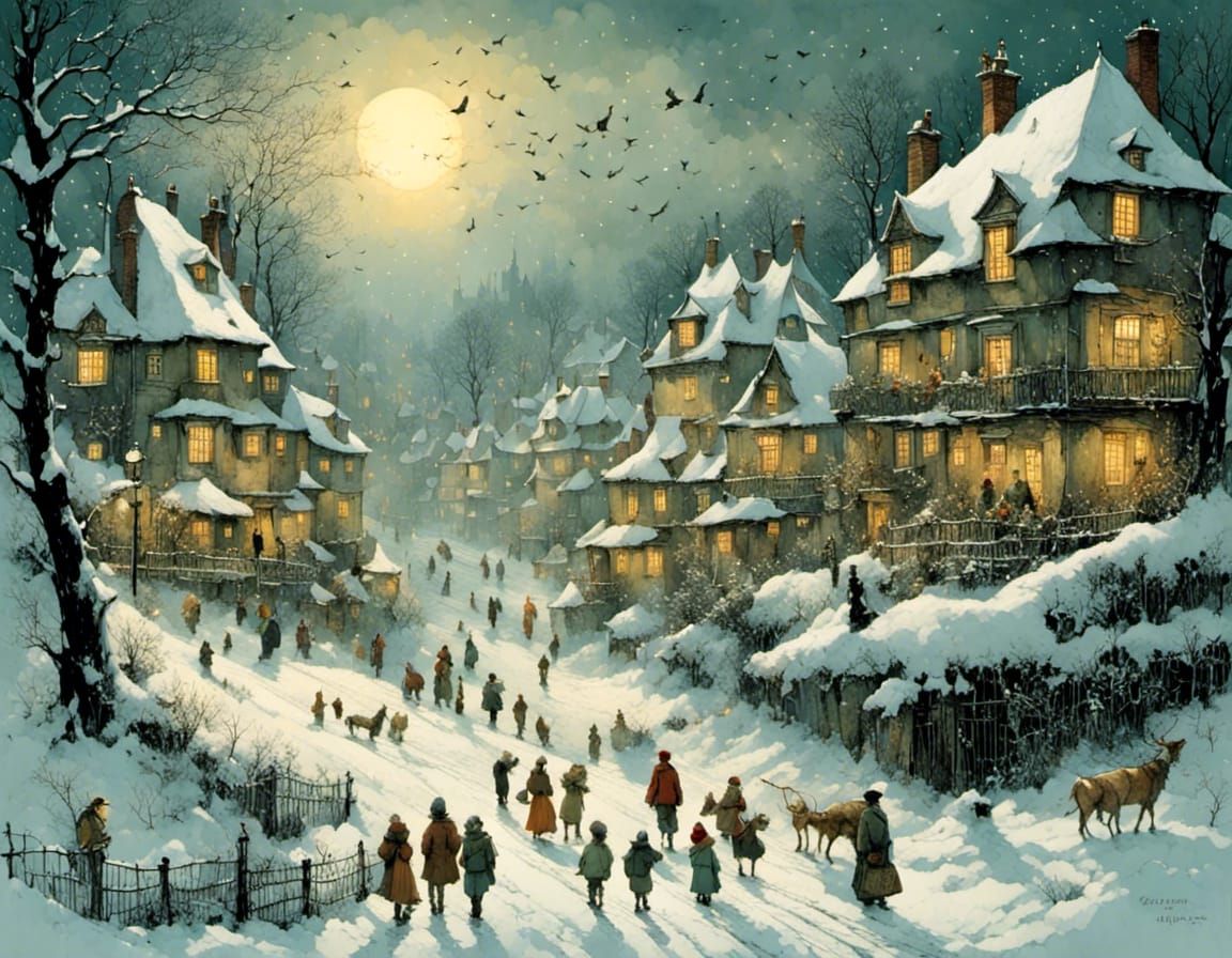 Expressive Winter Evening Scene with Intricate Details