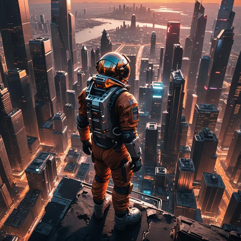 Astronaut in Futuristic Cityscape: 3D Render