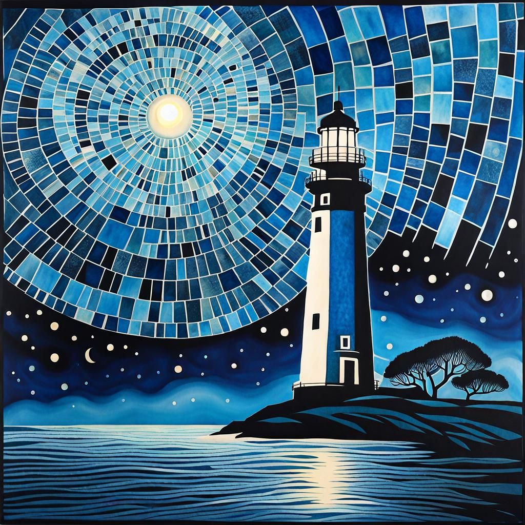 Ethereal Lighthouse in Cyanotype Mosaic Landscape