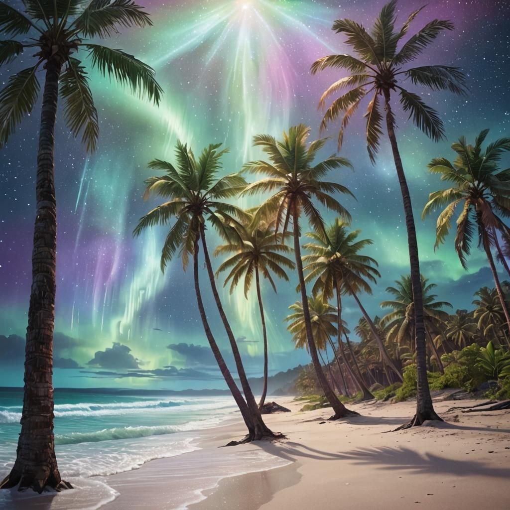 Aurora-Lit Palm Beach in Hyperrealistic Digital Art
