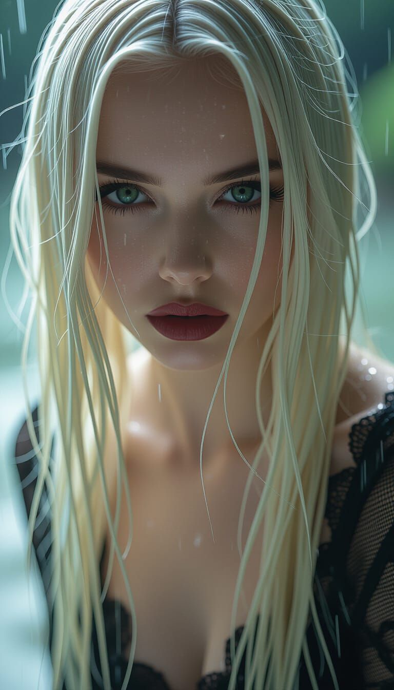 Melancholic Goth Woman in Waterfall Mist