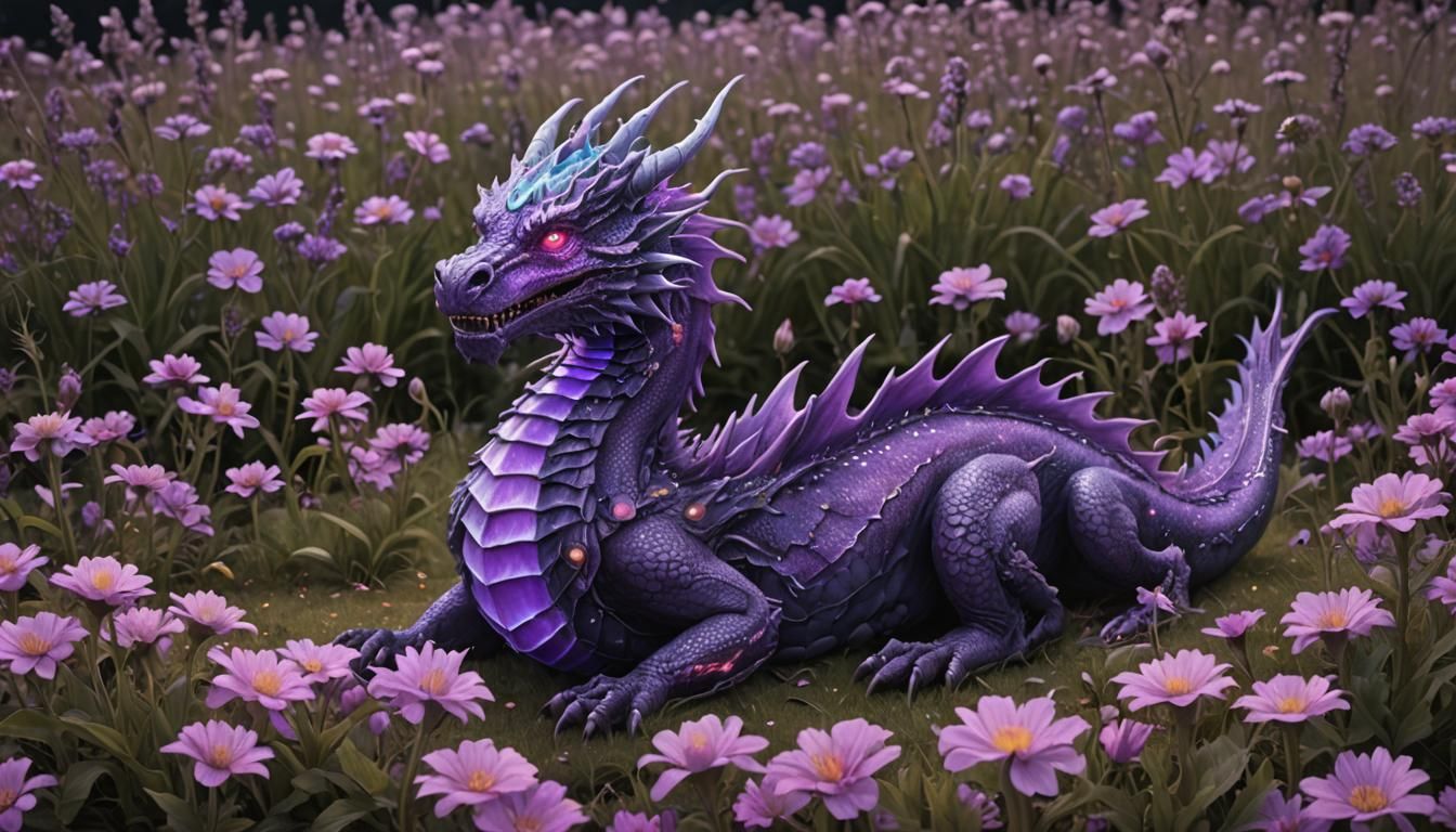 Bioluminescent Purple Dragon Resting in Flower Field