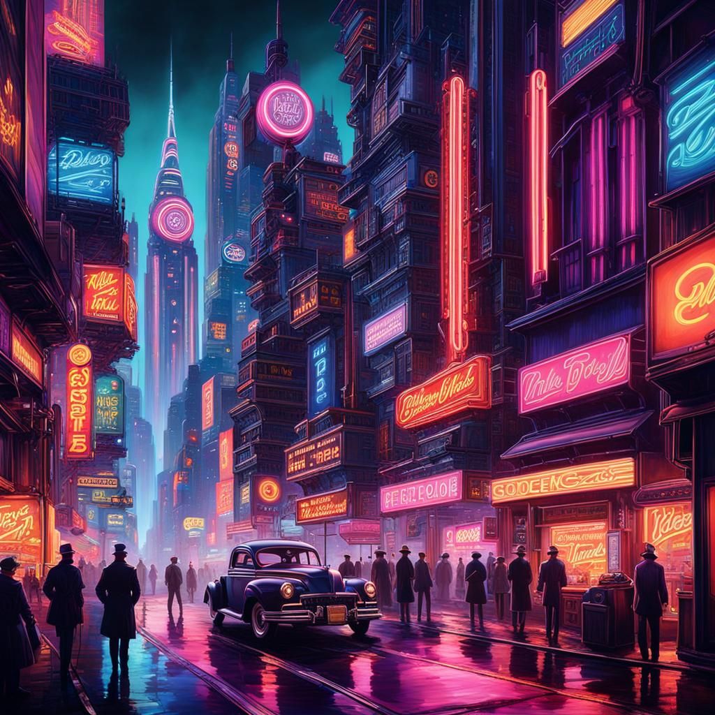 Dieselpunk Cityscape at Night in Neon Light