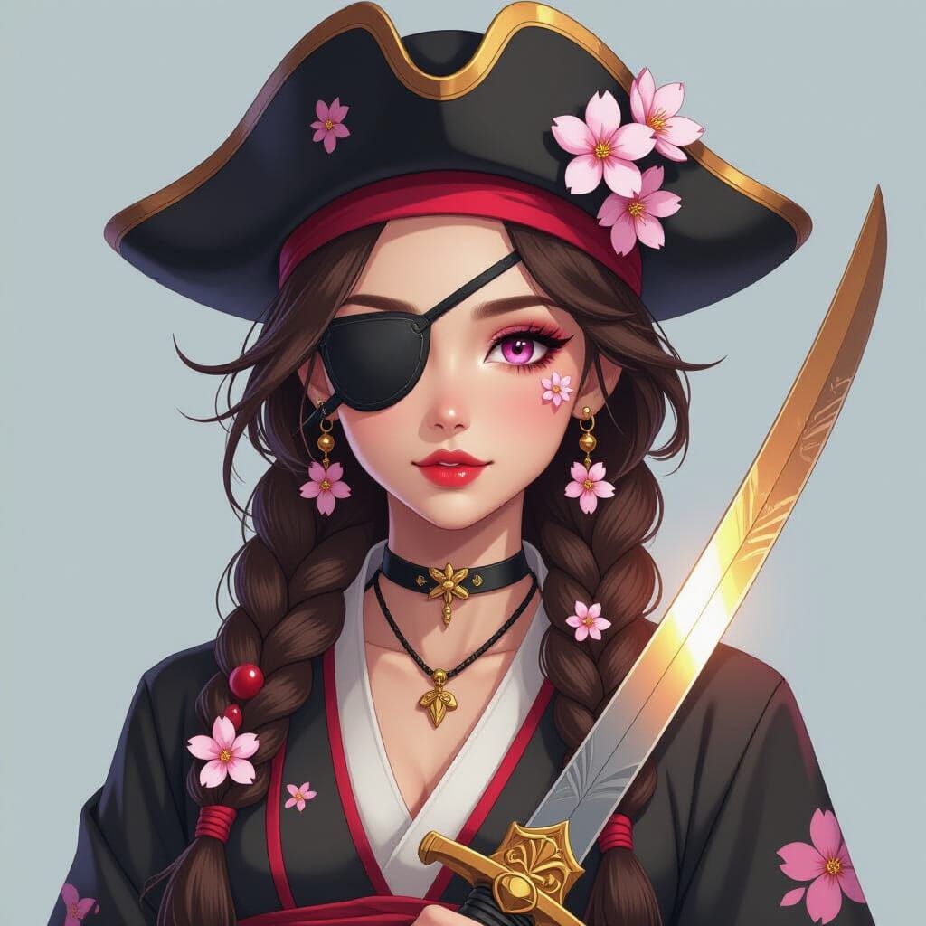 Cyberpunk Pirate Sakura with Cherry Blossoms