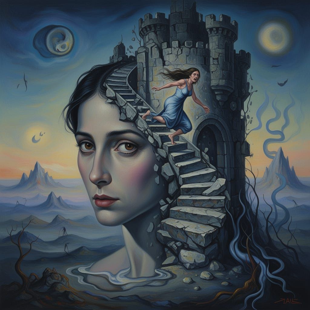 Surreal Portrait of Woman Staring at Depressing Landscape