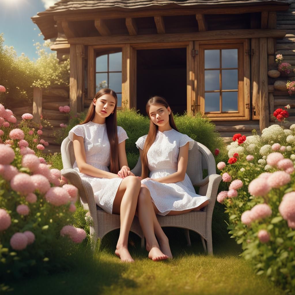 Brunette Sisters Relaxing in Sunny Flower Garden