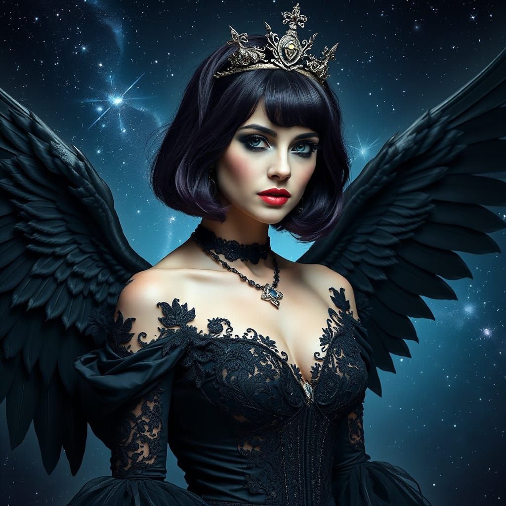 Gothic Queen Reigns in Dark Purple Majesty with Angel Wings