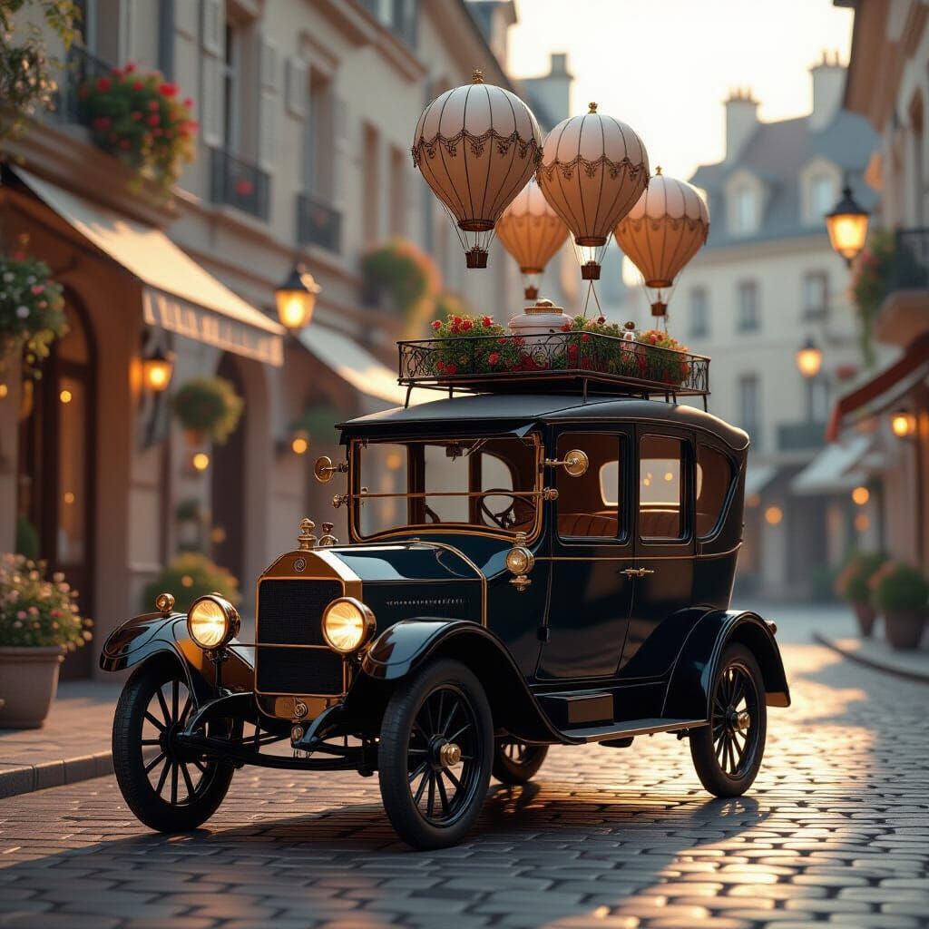 Whimsical Steam Car on Parisian Street