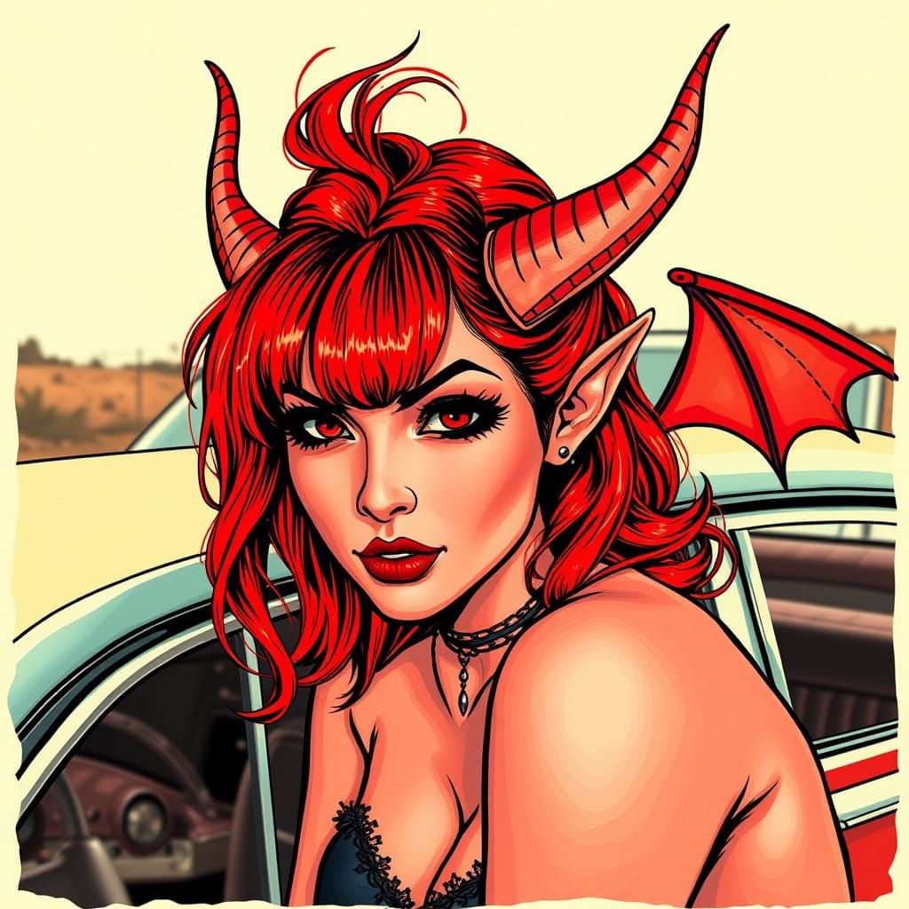 Rockabilly Demon with Fiery Hair and Classic Car