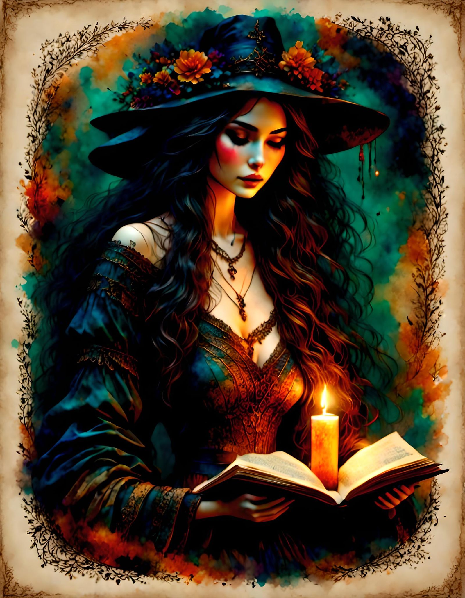 Mystical Witch Study with Spell Book and Cat