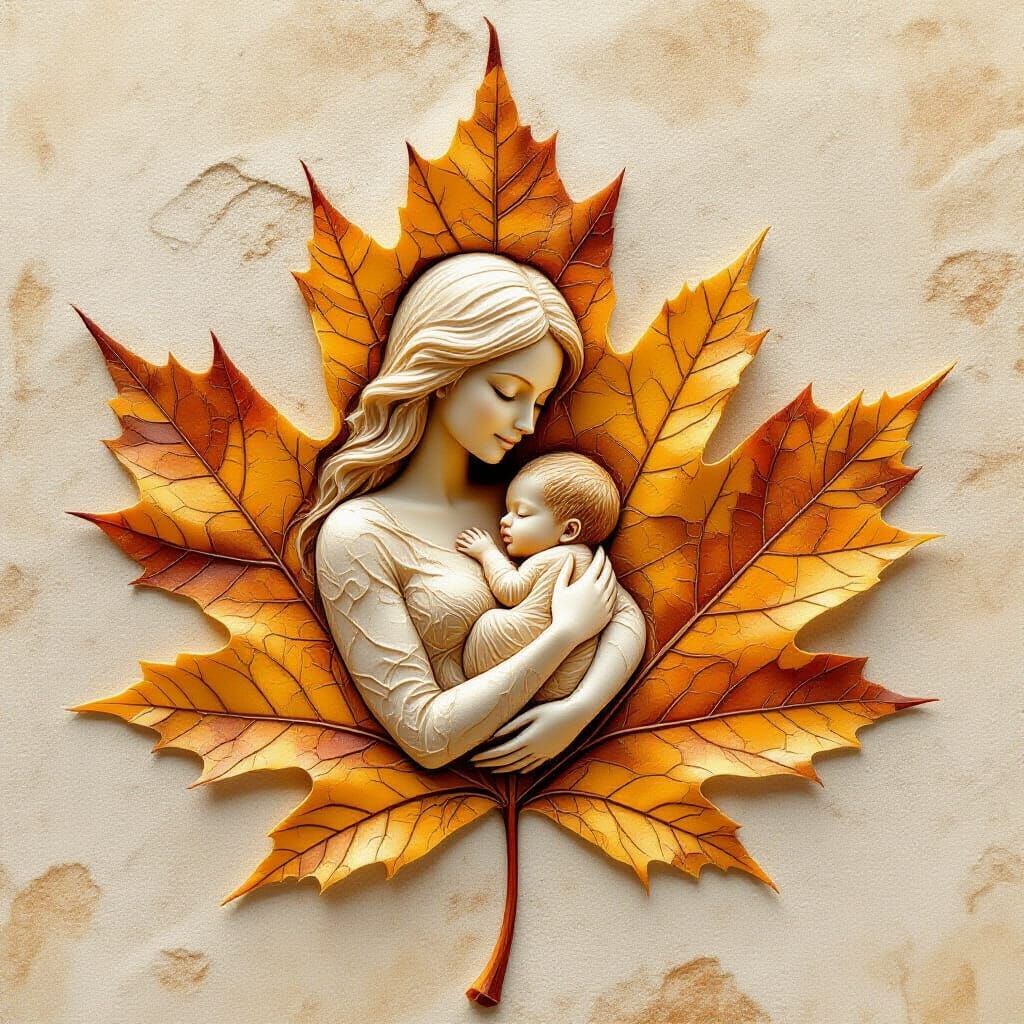 Veiny autumn maple leaf morphed into imprint of a mother cra...