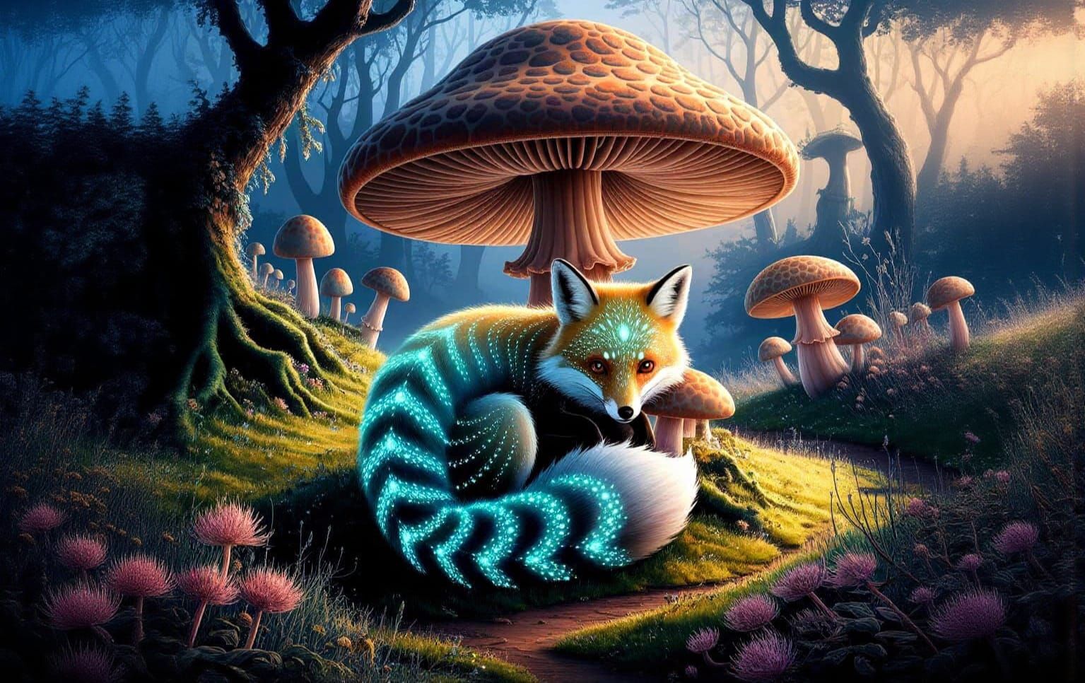 Bioluminescent Fox Around Giant Mushroom in Fantastical Fore...